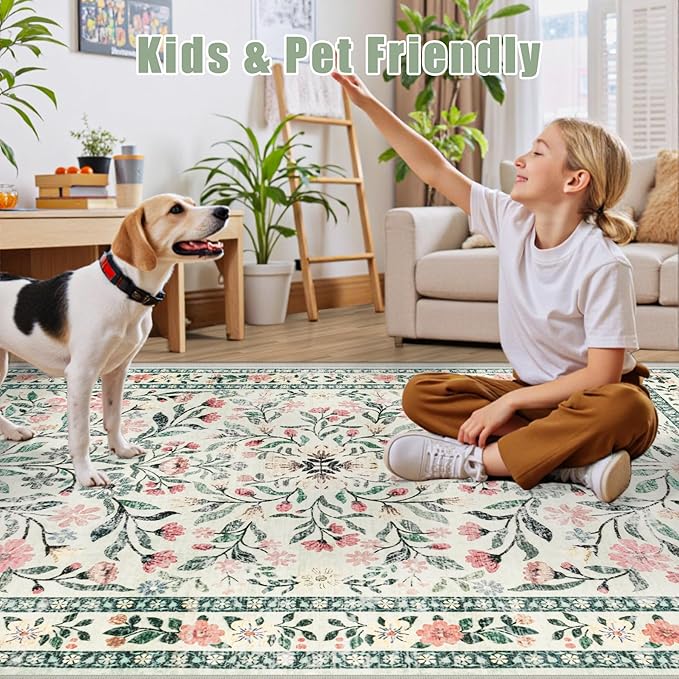 Runner Rug for Entryway: 2.6x10 Kitchen Rugs Non Slip Washable Ultra-Thin Soft Floral Carpet Indoor Floor Stain Resistant Carpets for Hallway Bedroom Kitchen Laundry Bathroom Dorm Green/Beige