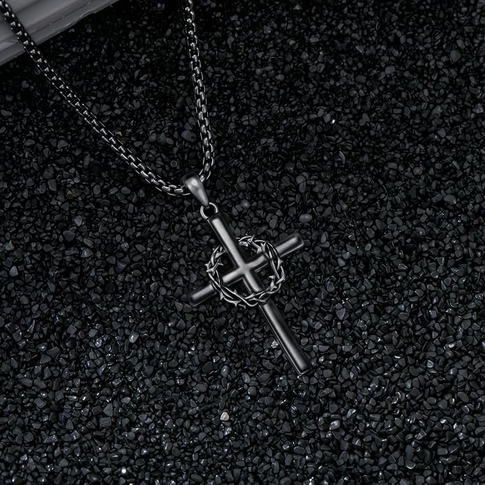 Crown of Thorns Necklace for Men 925 Sterling Silver Nail Cross Necklace Pendant Religious Christian Jewelry Valentines Day Gifts for Men