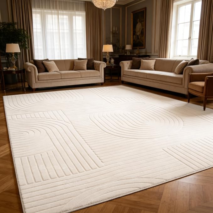 Beige 8x10 Solid Color Area Rug – Washable Living Room Rug, Ultra Soft High-Low Pile Textured Carpet, Modern Non-Slip Indoor Rugs for Bedroom, Nursery, Kids Room, Apartment, Home Office
