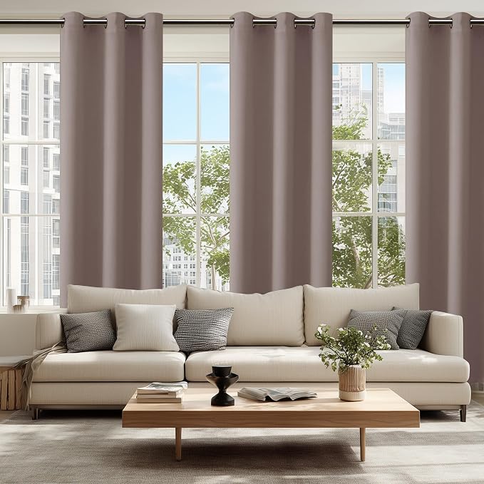 Hiasan Blackout Curtains for Bedroom, 42 x 84 Inches Long - Thermal Insulated & Light Blocking Window Curtains for Living Room/Kids Room, 2 Drape Panels Sewn with Tiebacks, Tan