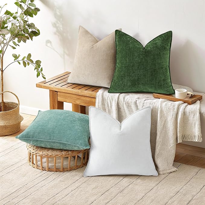 decorUhome Chenille Cream White Velvet Throw Pillow Covers 26x26 Set of 2 | Fall Soft Euro Sham Couch Decorative Modern Farmhouse Pillow Cases with Elegant Design for Sofa Bed Living Room Home Decor