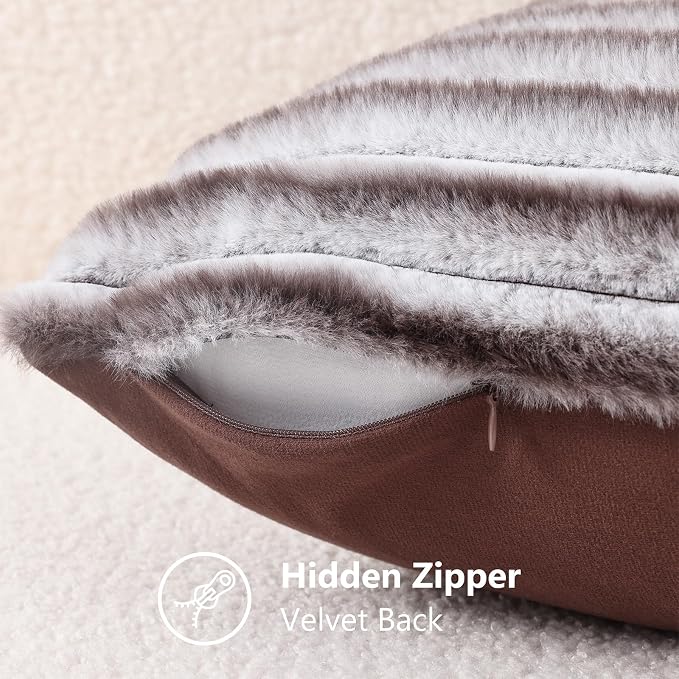 decorUhome Fall Faux Fur Throw Pillow Covers 22x22 Set of 2 Brown White | Decorative Soft Cozy Striped Plush Modern Farmhouse Boho Couch Pillow Cases Velvet Back for Sofa Bed Living Room Home Decor