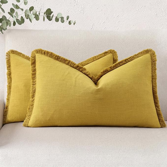 decorUhome Linen Fringe Mustard Yellow Throw Pillow Covers 12x20 Set of 2 | Decorative Soft Accent Modern Boho Farmhouse Lumbar Cushion Covers with Tassels Cotton Pillow Covers for Couch Bed Sofa