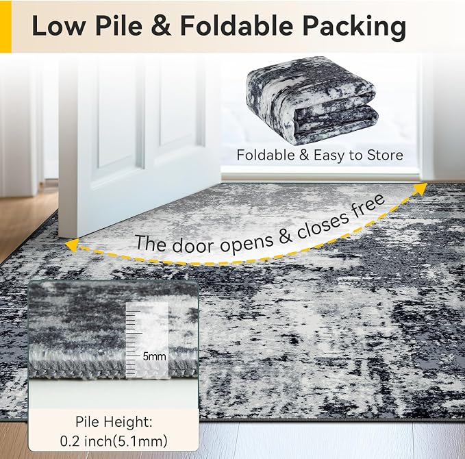 RELEANY Washable Area Rugs 2'x6' Non-Slip Modern Abstract Soft for Living Room Entryway Bedroom Kitchen, Print Pattern, Black Navy Blue Gray