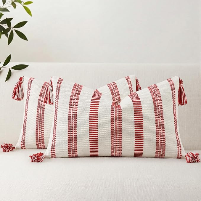 Smile Bee Boho Outdoor Couch Throw Pillow Covers Set of 2 Decorative Thick Woven Striped Accent Neutral Pillow Covers with Tassels for Bed Sofa Home Decor 12x20 Inch, Red and Cream White | Woven Cozy Boho Decorative Modern Farmhouse Accent Pillow Cases...