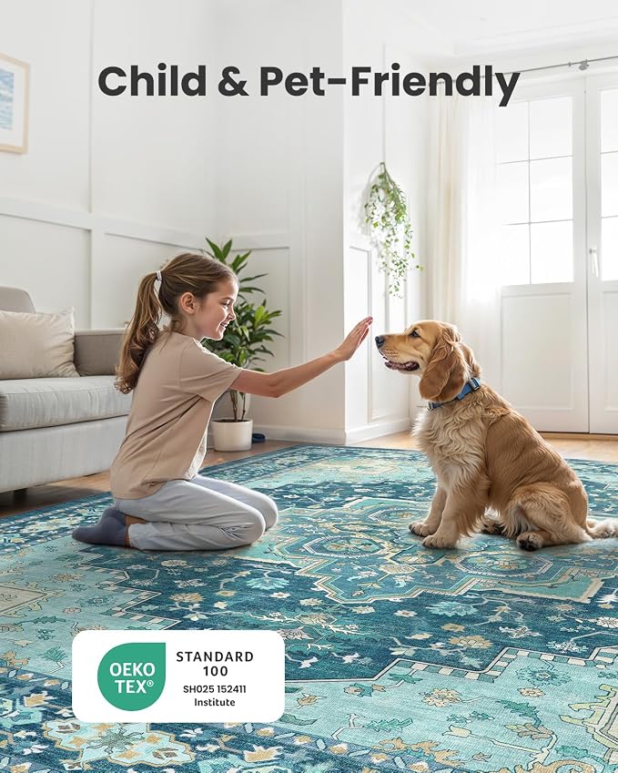 AMADA HOMEFURNISHING 9x12 Area Rug for Living Room, Vintage Washable Area Rug Low-Pile & Non-Slip Carpet for Bedroom Dining Room Nursery Home Office, Teal Blue