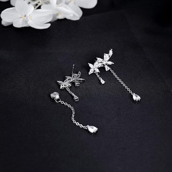SLUYNZ 925 Sterling Silver Dainty CZ Flowers Wrap Earrings Dangle Chain for Women Elegant Dangling Earrings Bridal Earrings Wedding Engagement Drop Earrings Prom Engagement Party Jewelry