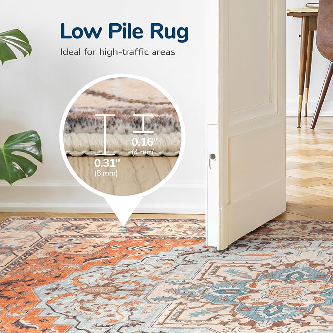 Lessymo 5x7 Area Rugs- Machine Washable Area Rugs, Super Soft Faux-Wool Area Rug for Living Room Bedroom, Boho Area Rug Vintage Floral Medallion Non-Slip Low Pile, Orange Beige