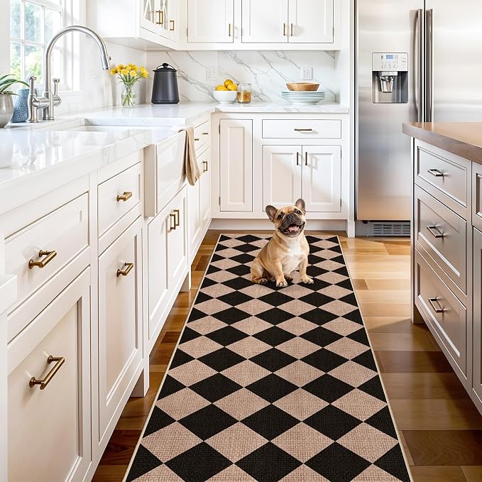2x6 Jute Woven Runner Rug: Non Slip Backing Diamond Pattern Easy Clean Mats | Washable Thin Indoor Rugs Hallway Kitchen High Traffic Areas Farmhouse Home Decor Durable Flat-Weave Carpet (Black/Brown,2x6)