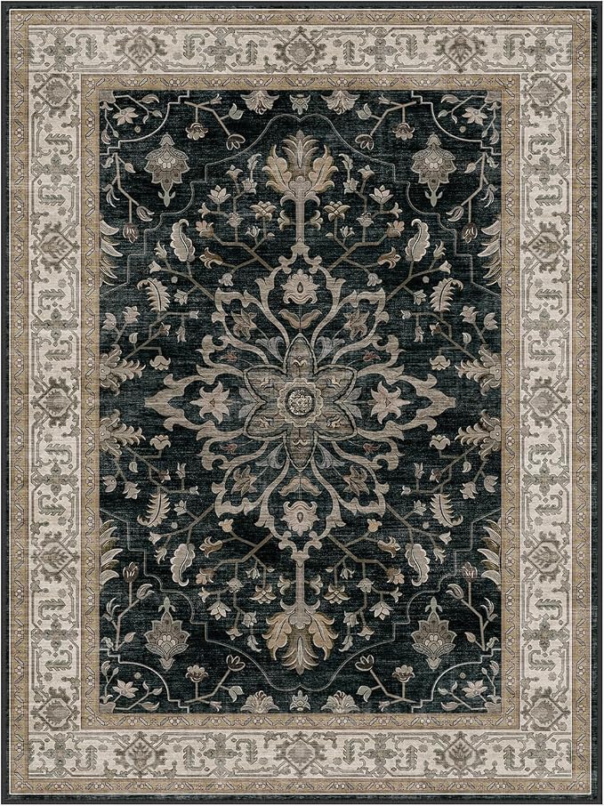 RELEANY Area Rugs 6'x8' Washable Non-Slip, Floral Vintage Distress Medallion Carpet for Living Room Bedroom Dining Room, Vintage Black Brown Neutral