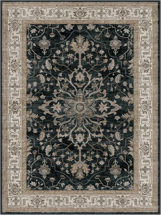 RELEANY Area Rugs Small 2'x4' Washable Non-Slip, Floral Vintage Distress Medallion Carpet for Kitchen Entryway Bathroom, Vintage Black Brown Neutral
