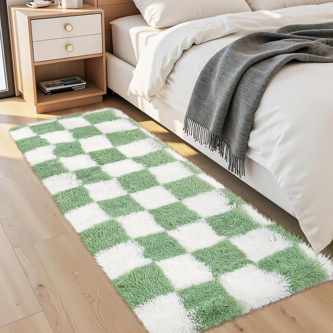 Garvee Checkered Fluffy Runner Rugs 2x6 Fluffy Fuzzy Shag 2x6 Runner Rug for Hallyway Non-Slip Ultra Soft Checkered Fluffy Rugs for Girls Kids Room Shag Plush Rug for Teen Room Decor Bedroom,Green