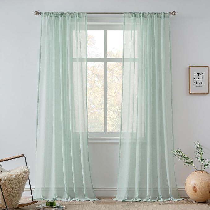 FMFUNCTEX Grey Flax Linen Sheer Curtains 63 Inch Long Rod Pocket 2 Panels | Semi Sheer Window Drapes Grey for Bedroom and Living Room, Farmhouse French Window Curtain Privacy