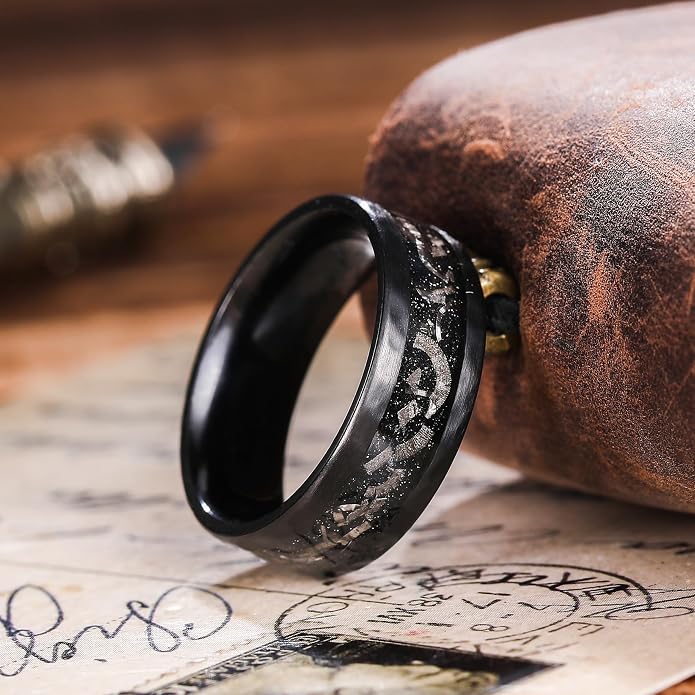 King Will 8mm Silver Hammered Titanium Ring Center Inlaid Wood Wedding Band for Men Hammered Wood Titanium Rings Polish Comfort Fit