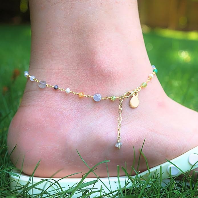 Dainty Gemstone Anklet for Women – 10 Inch Adjustable Anklet with 1 Inch Extender, Gold or Silver Plated Foot Jewelry, Minimalist Boho Style Gift
