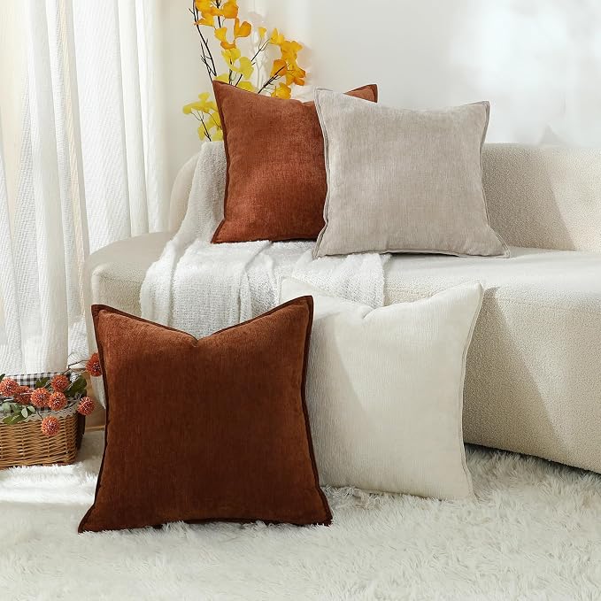 Stellhome Set of 4 Fall Decorative Throw Pillow Covers Accent Solid Soft Textured Chenille Cushion Cover Rustic Farmhouse Pillow Case for Couch Sofa Bedroom Living Room (18x18 inch, Fall)