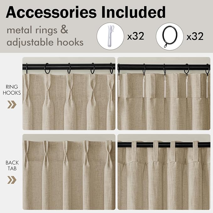 MIULEE 4 Panels Set Pinch Pleated Linen Curtains 90 Inches Long for Living Room Bedroom, Thick Linen Textured Memory Trained Pleat Drapes Back Tab Light Filtering Grey Beige Window Curtains with Hooks