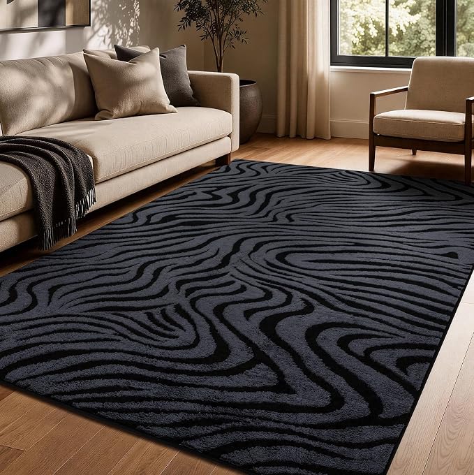 YIHOUSE 5×7 Ft Zebra Area Rugs Black and Grey: Washable Nonslip Plush Soft Rug for Living Room - High-Low Striped Carpet for Bedroom Dining Room Office Playroom Nursery Home Decor