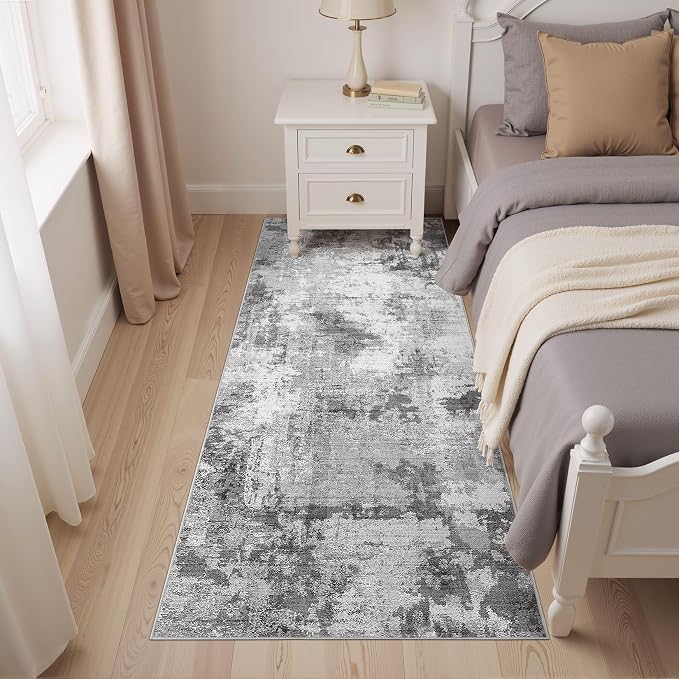 Abstract 3x8 Runner Rug: Machine Washable Non Slip Ultra Thin Low-Pile Carpet, Soft Stain Resistant for Hallway Kitchen Bathroom, Kid Pet Friendly, Robot Vacuum Compatible - Grey