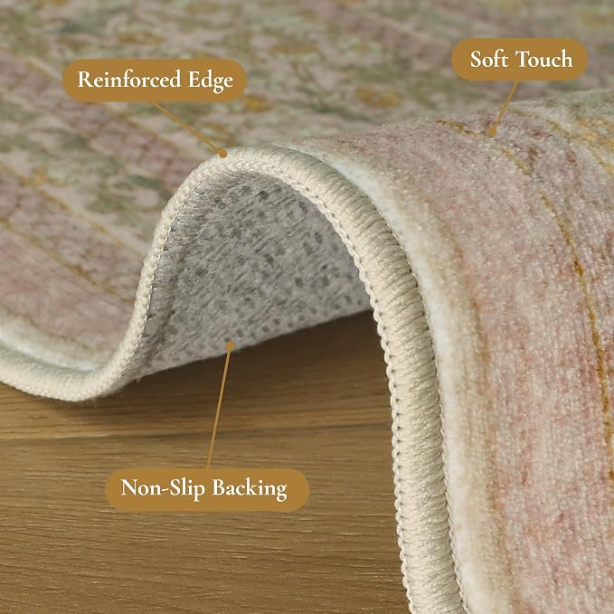 Bavni 4x6 Vintage Floral Rug, Washable Non Slip Area Rug for Entryway, Bedroom, Kitchen or Living Room, Low Pile Carpet, Brown Pink