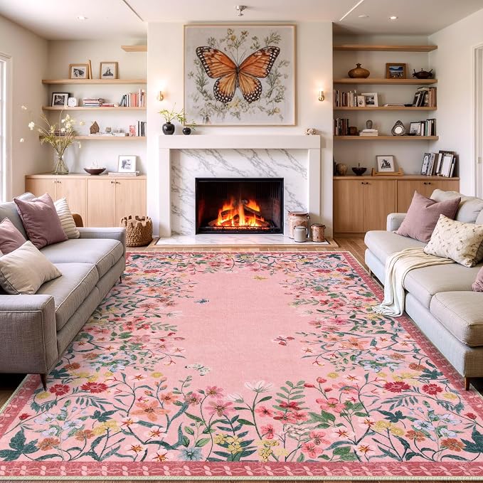 Wonnitar 6x9 Washable Area Rug, Pink Floral Rug for Girls Bedroom, Boho Botanical Nursery Rug, Non Slip Low Pile Living Room Carpet, Vintage Flower Dorm Decor (6x9 Pink)