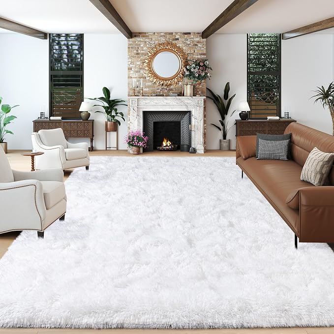 Dssimo White Fluffy Rugs for Living Room Bedroom, 9x12 Shaggy Area Rug | Large Non-Slip Cream Area Rug for Nursery Kids Room Dorm Room Home Decor, Indoor Plush Floor Carpet