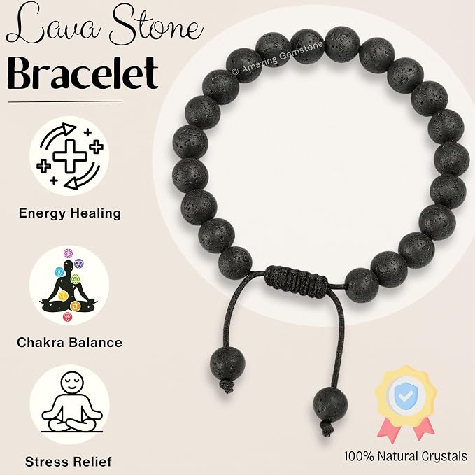 Amazing Gemstone Lava Stone Bracelet for Women Men's Gifts - Protection Healing Crystal Bracelet - 8mm Gemstones Beaded Adjustable Bracelet Pulseras para Hombres Mujer Stocking Stuffers