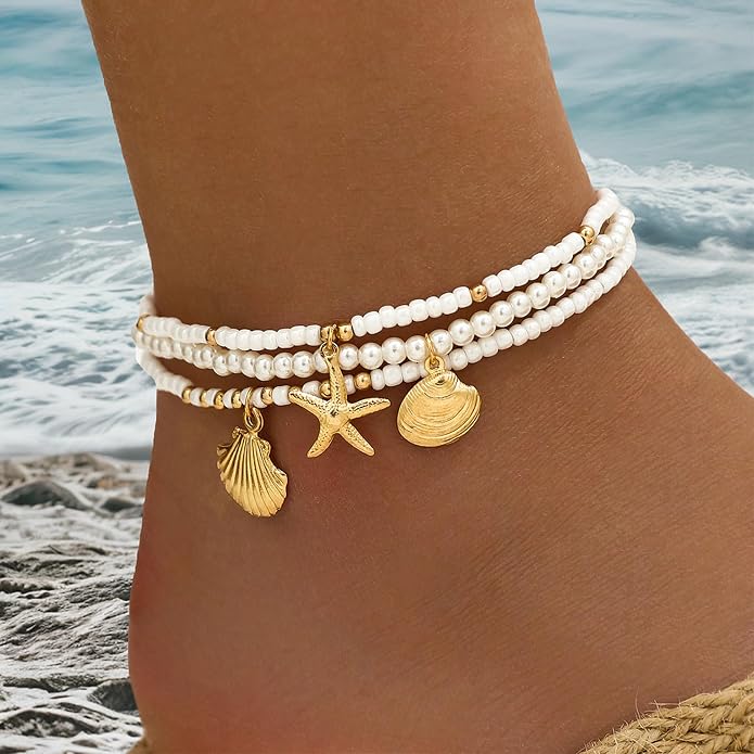 Anklet Bracelets for Women Boho Beaded Layered Ankle Bracelets Stack Summer Beach Waterproof Jewelry