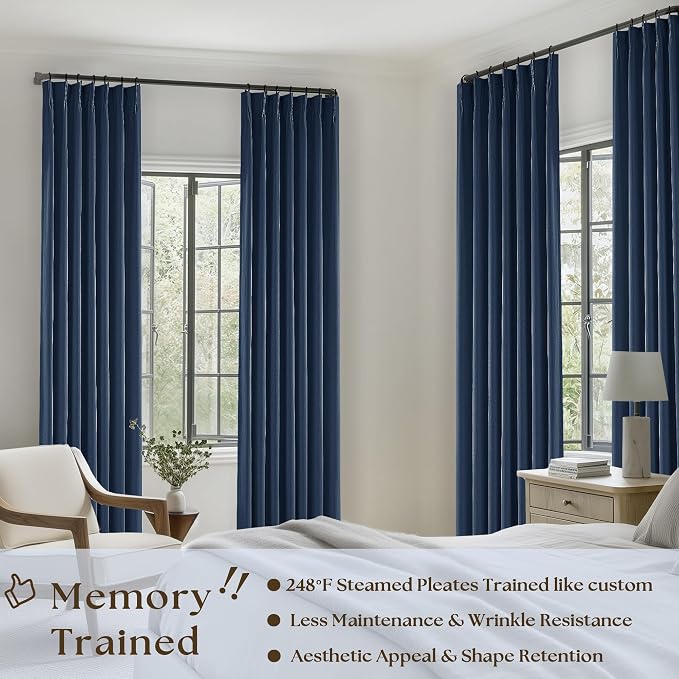Navy Pinch Pleated 100% Blackout Linen Curtains for Bedroom 84 Inch Length | Room Darkening with Liner, Memory Shape Pleat with Back Tab, Thermal Insulated, Dark Blue, for Living Dining Room Window