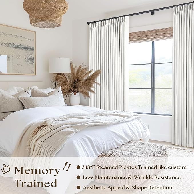 Beige White Pinch Pleated Blackout Linen 84 Inch Long Curtains 60 Inch Wide | 100% Black Out, Memory Trained, Pinch Pleat with Back Tab, Energy Efficient, Thermal Insulated Window Drapes W60xL84 1 Panel