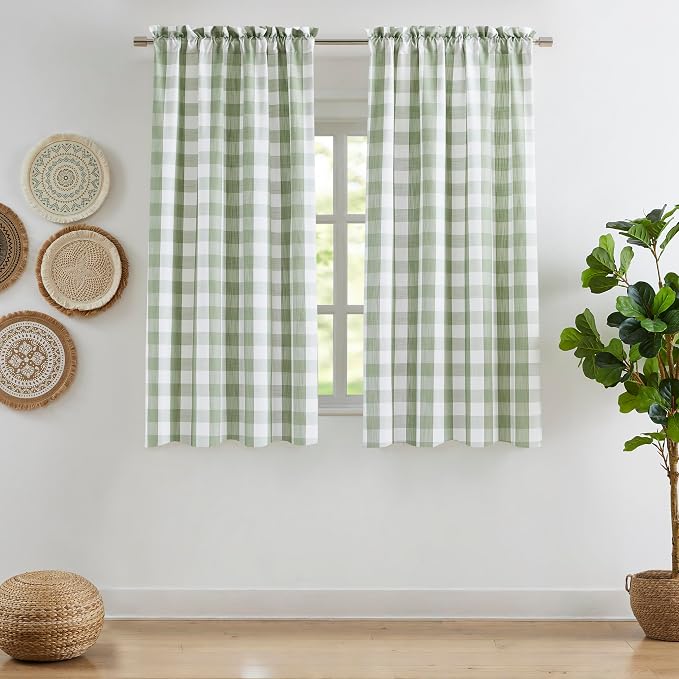 63 Inch Sage Green and White Buffalo Plaid Semi Sheer Curtains | Calming Bedroom Drapes for a Relaxing Ambiance,Natural Light Diffusion Privacy Window Treatment,Rod Pocket,52"Wx63"Lx2
