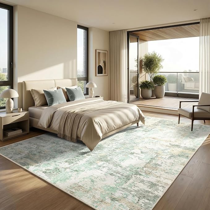 GarveeHome 9x12 Abstract Area Rug Neutral Washable Living Room Bedroom Rug | Soft Low Pile Non Slip Accent Rug for Living Room, Dining Room, Modern Neutral Beige Indoor Carpet