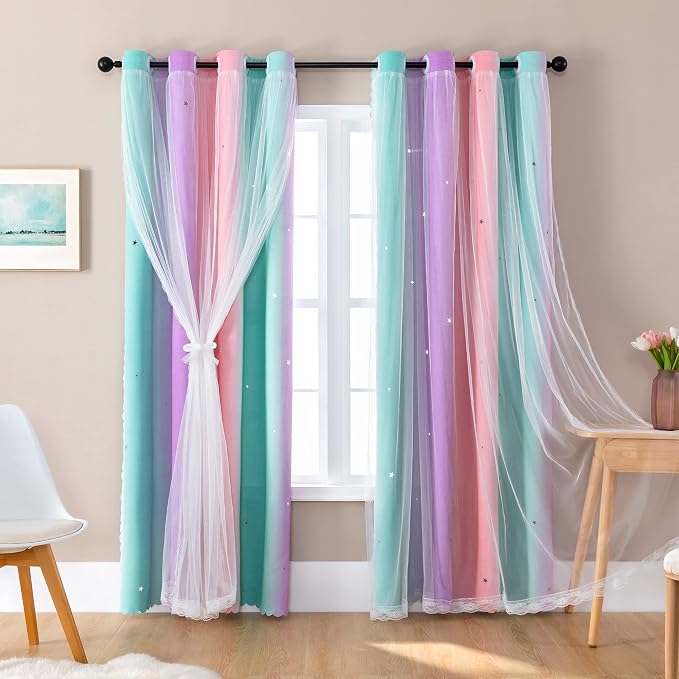 XiDi Curtains for Girls Bedroom Decor Rainbow Blackout for Kid Nursery Room | Colorful Rainbow Design, Pink Curtains, Princess Unicorn Wall Decor Ombre Curtains, Pink/Purple/Green, W34 X L84 2 Panels