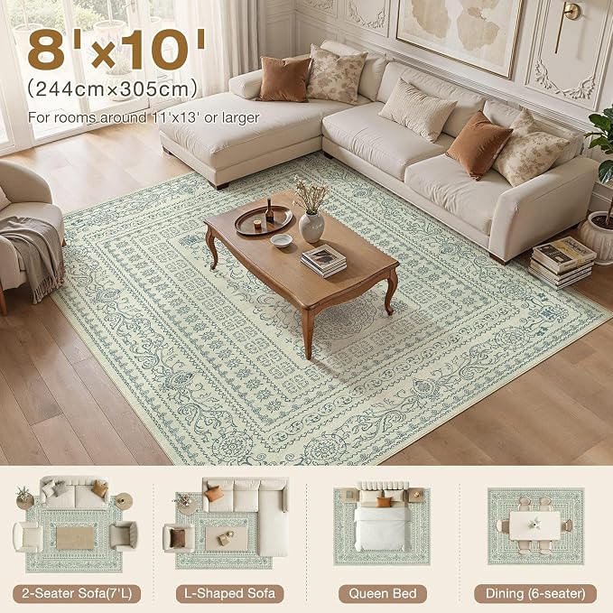 Nakagishi 8x10 Area Rugs Living Room: Washable Large Vintage Rug Neutral Non-Slip Soft Stain Resistant Indoor Carpet for Bedroom Nursery Dining Room Office Playroom - Forest Green