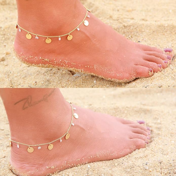 LOYATA Dainty Ankle Bracelet,14K Gold Plated Tiny Bead Anklet Dainty White Cubic Zirconia Cross Tassel Foot Chain Cute Lucky Moon Evil Eye Foot Jewelry Boho Anklets for Women