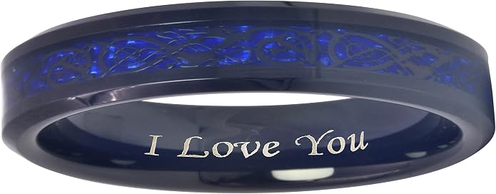 CROWNAL 6mm 8mm Blue Carbon Fiber Black Celtic Dragon Tungsten Carbide Wedding Band Ring Engraved I Love You Size 4 To 16