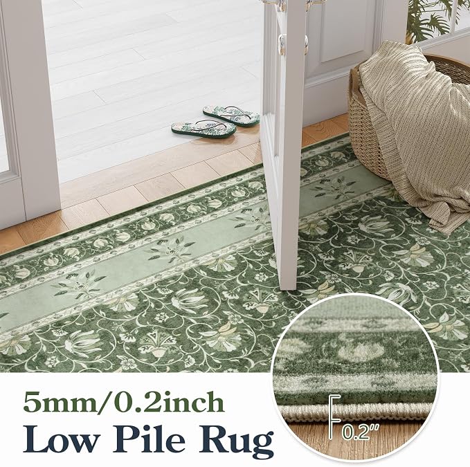 Lahome Floral Green Rugs for Bedroom, Non Slip Washable Rugs 5x7 Rug for Living Room, Stain Resistant Vintage Floral Rug for Dining Room Office (5'x7', Green)