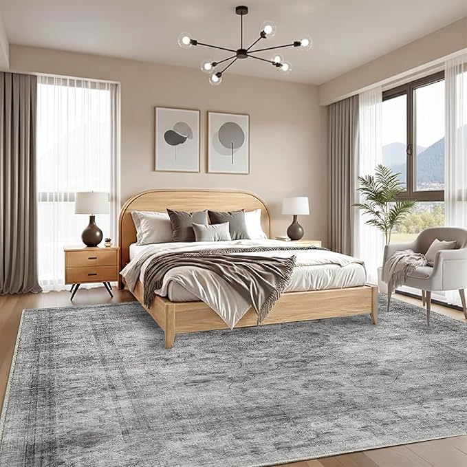 4x6 Area Rug for Living Room-Vintage Farmhouse Boho Floral Washable Stain Resistant Indoor Carpet for Bedroom Office and Home Decor(Ashen Black)