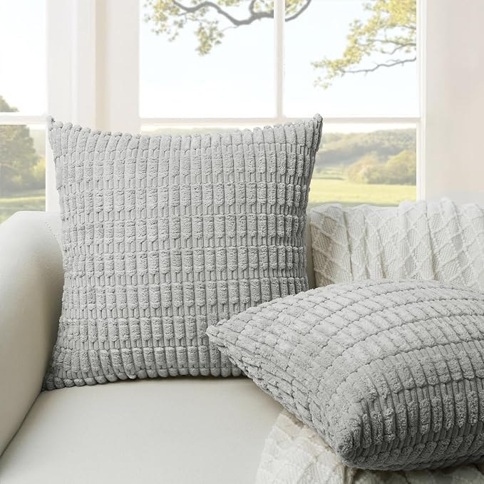 Softalker Corduroy Throw Pillow Covers 16x16 Inch Set of 2, Soft Plush Decorative Square Cushion Cases for Living Room Couch Sofa, Modern Farmhouse Boho Home Decor, Grey