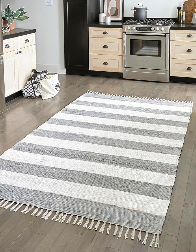 Unique Loom Chindi Rag Collection Area Rug - Striped (10' x 13' 1" Rectangle, Gray/ Ivory)