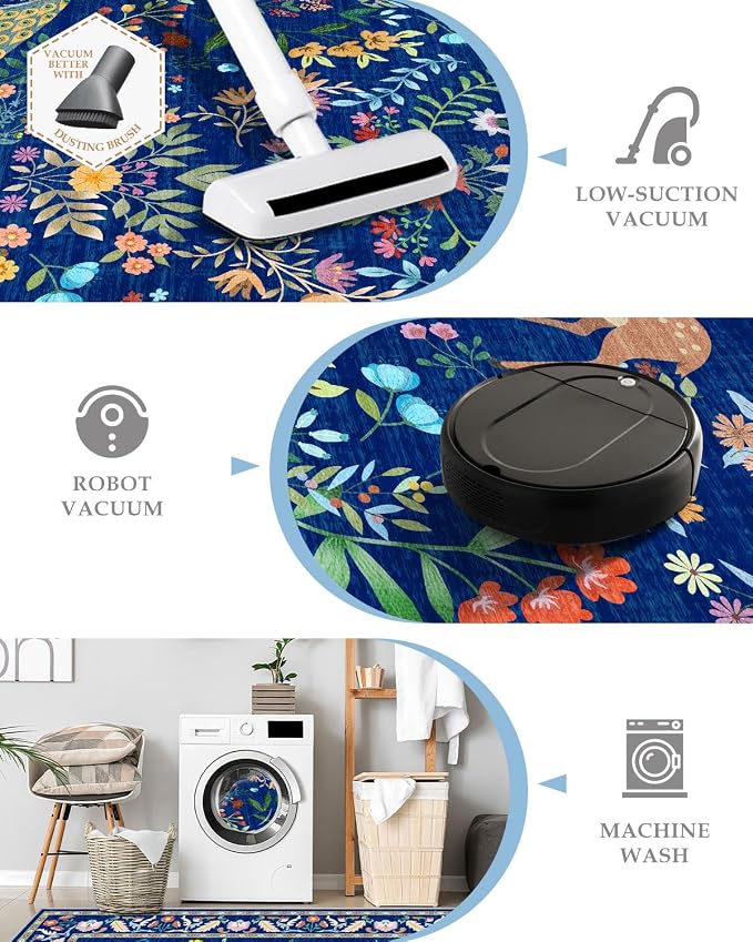5x7 Blue Rugs for Living Room, Stain Resistant Non Slip Area Rug for Dining Room, Bedroom Floral Décor Indoor Carpet, Low Pile & Soft