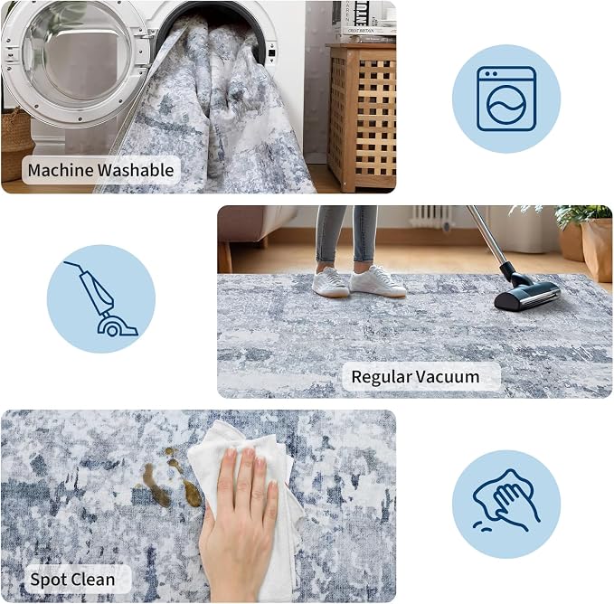 GarveeHome 9x12 Abstract Area Rugs Blue Washable Living Room Bedroom Rug | Soft Low Pile Non Slip Accent Rug for Living Room, Dining Room, Modern Neutral Beige Indoor Carpet