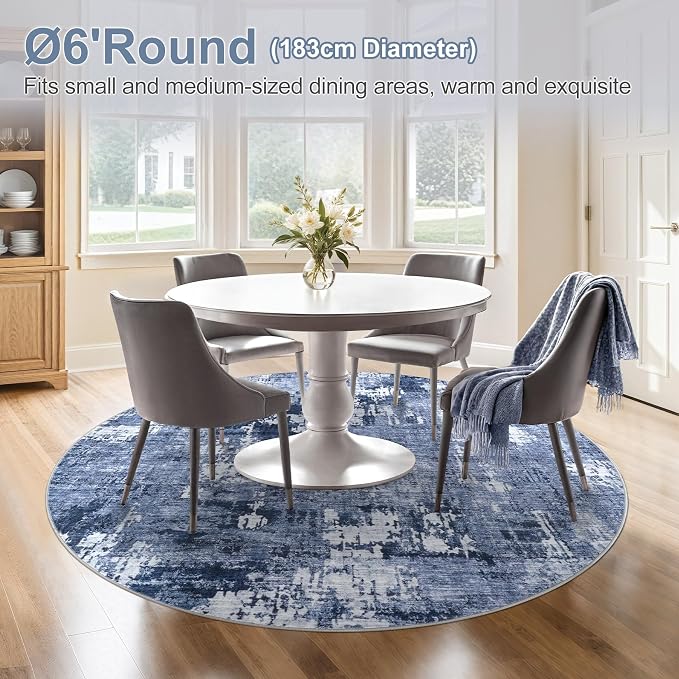 DMOYEST 6ft Round Area Rug Living Room Rugs - 6x6 Washable Large Soft Indoor Neutral Modern Abstract Low Pile Rug Carpet for Bedroom Dining Room Farmhouse Home Office - Navy Blue