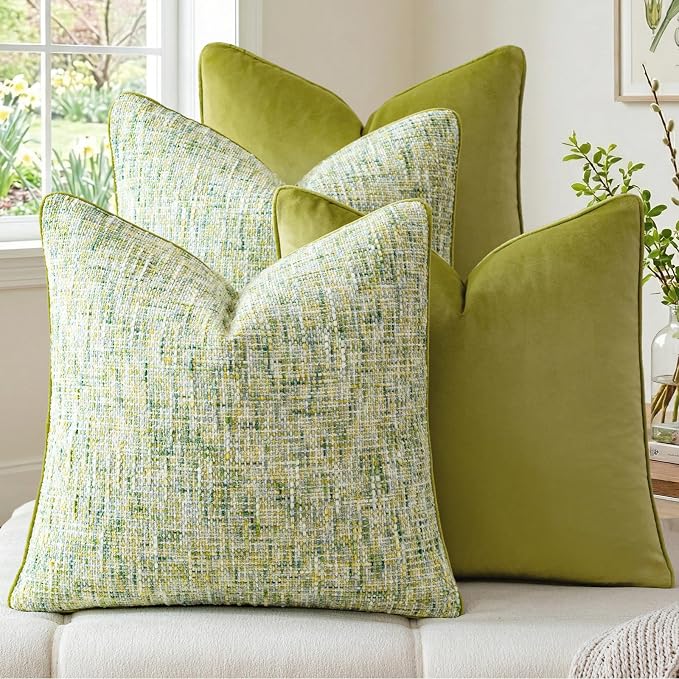 a moment Green 4 Pack Throw Pillow Covers - Chenille & Velvet Set with Piping, Farmhouse Textured Design Pillow Cases for Couch Sofa Bed Livingroom (18x18 Inch, No Insert)