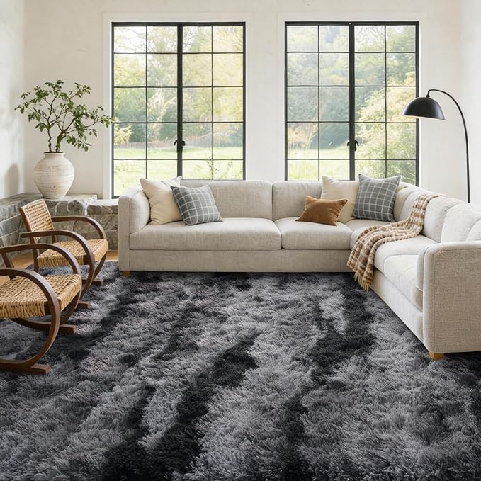Large Shaggy 6x9 Area Rugs for Living Room Decor, Non-Slip Tie-Dyed Rugs for Bedroom Kids Playroom Dorm Room, High Pile Ultra Soft Carpet, Black
