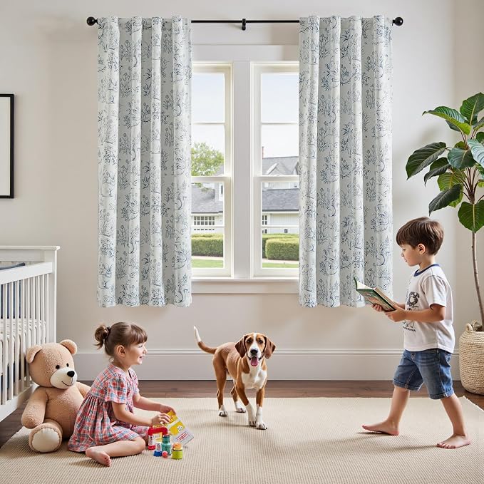 jinchan Blue Blackout Curtains W38xL63 Whimsical Back Tab 2 Panels | Room darkening,nursery kids bedroom,privacy,whimsical,cottagecore,bunny pattern,botanical,nature-inspired decor