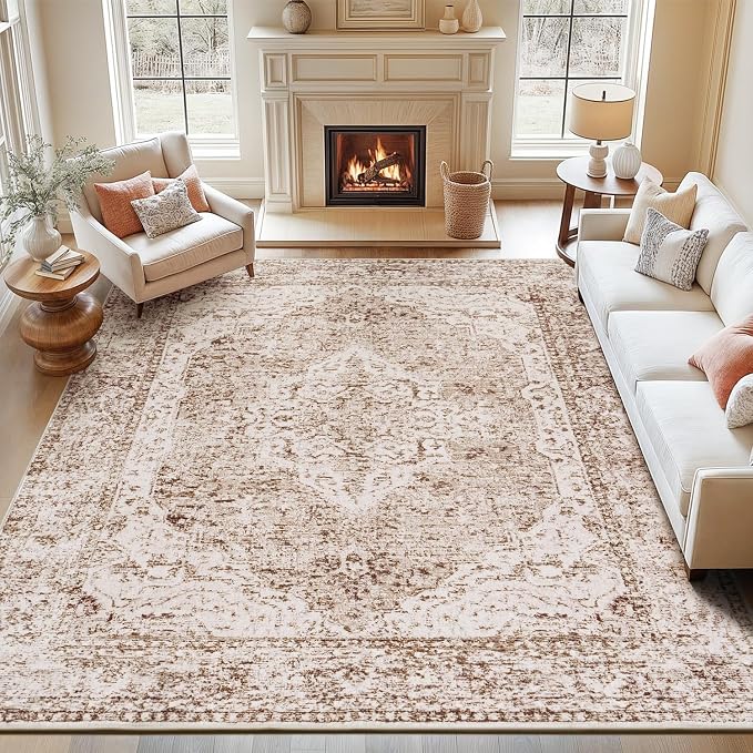 Lofus 9x12 Area Rugs for Living Room, Washable Area Rug, Big Rugs for Bedroom, Kitchen, Vintage Boho Carpet, Soft Non-Slip, Low Pile Large Area Rug for Office Dining Room, Vintage Beige Brown