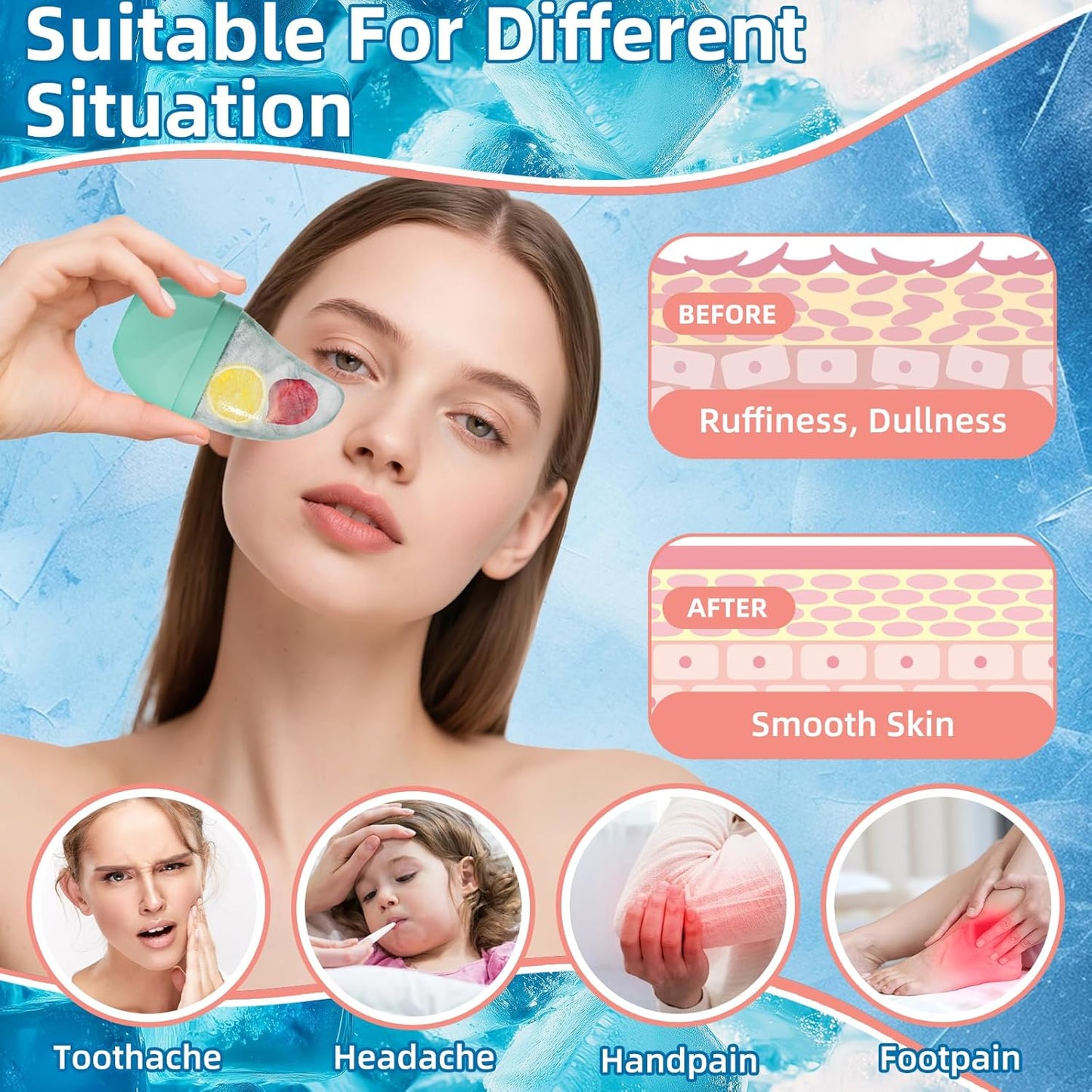 Silicone Facial Ice Cube Roller Massager, Facial Beauty Care Tool, Reusable Face Ice Mold - Brighten Skin, Reduce Puffiness for Face & Eyes (Blue)