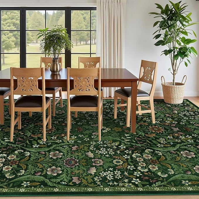 10x14 Dark Green Vintage Floral Area Rug,Washable Large Boho Living Room Rugs,Botanical Print Non-Slip Stain Resistant Lightweight Carpet for Bedroom Dining Room Nursery