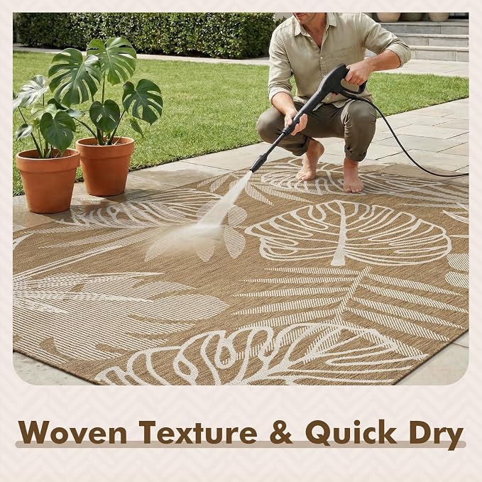 MontVoo-Outdoor Rug-Patio Rug 5x7 ft Polypropylene Indoor Outdoor Rugs Outdoor Carpet for Patio Deck Balcony Porch, Textured Weave, Durable for High Traffic, Fade-Resistant, Tropical Neutral Brown
